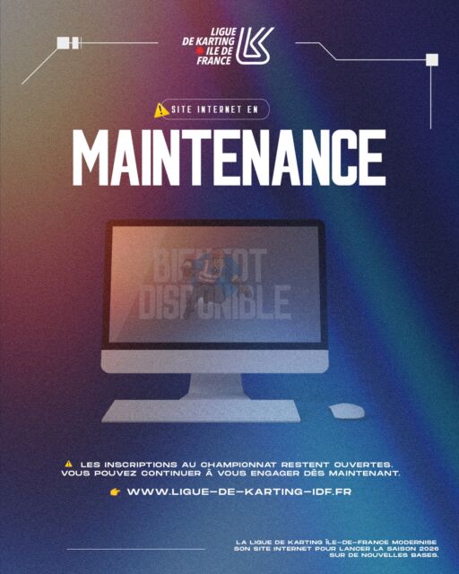 🌐🚀 Le site de la Ligue évolue !
La Ligue de Karting Île-de-France modernise son site internet pour lancer la saison 2026 sur de nouvelles bases.
🛠️ Le site est actuellement en maintenance le temps d’installer ces évolutions.
⚠️ Les inscriptions au Championnat restent ouvertes et pleinement opérationnelles.
Vous pouvez continuer à vous engager dès maintenant :
👉 www.ligue-de-karting-idf.fr
#Karting #LigueIDF #Saison2026 #Modernisation #ChampionnatIDF